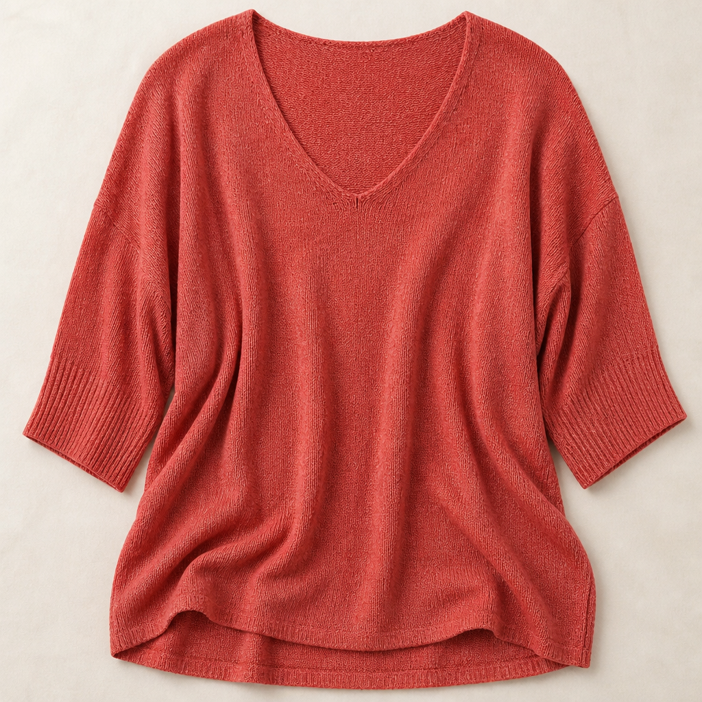 LuminaLuxe™ – Relaxed V-Neck Soft Knit Top with 3/4 Sleeves