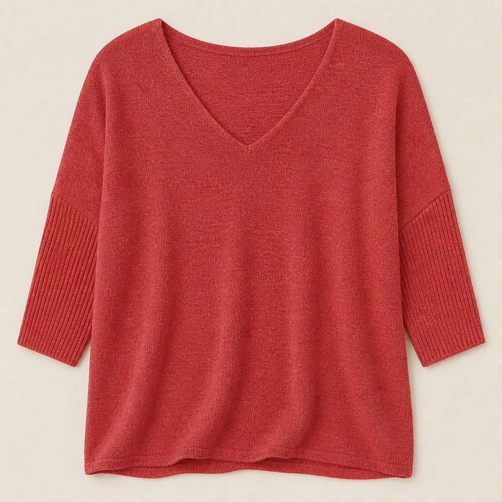 LuminaLuxe™ – Relaxed V-Neck Soft Knit Top with 3/4 Sleeves