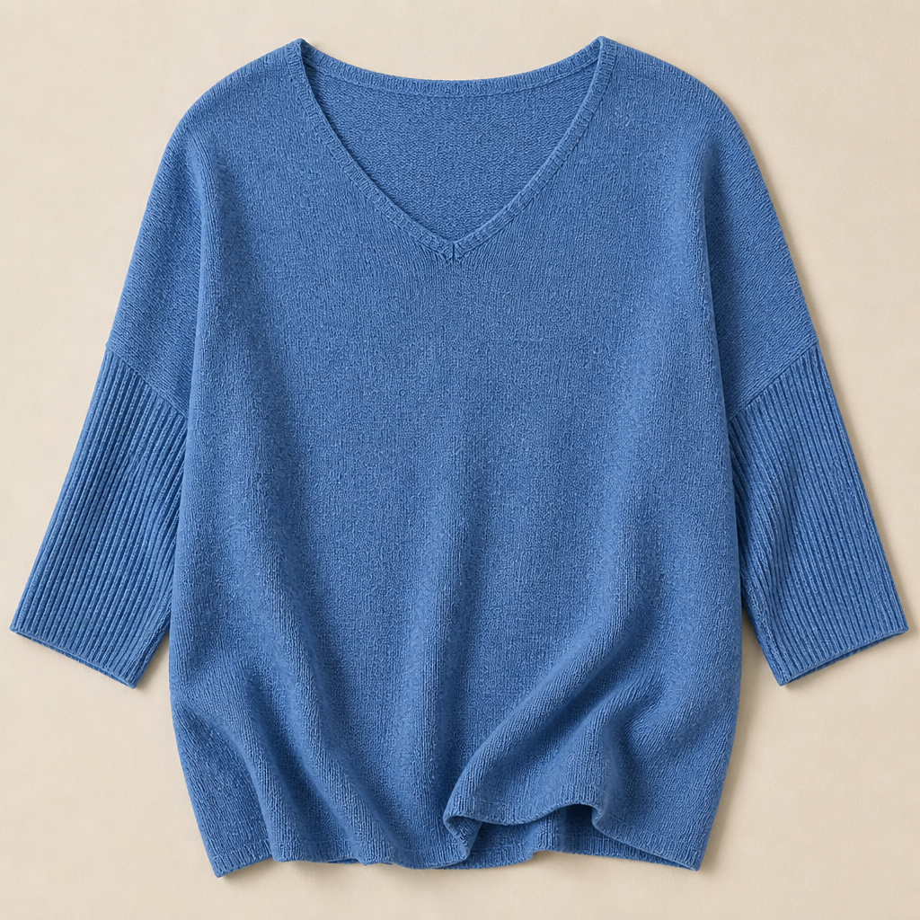 LuminaLuxe™ – Relaxed V-Neck Soft Knit Top with 3/4 Sleeves