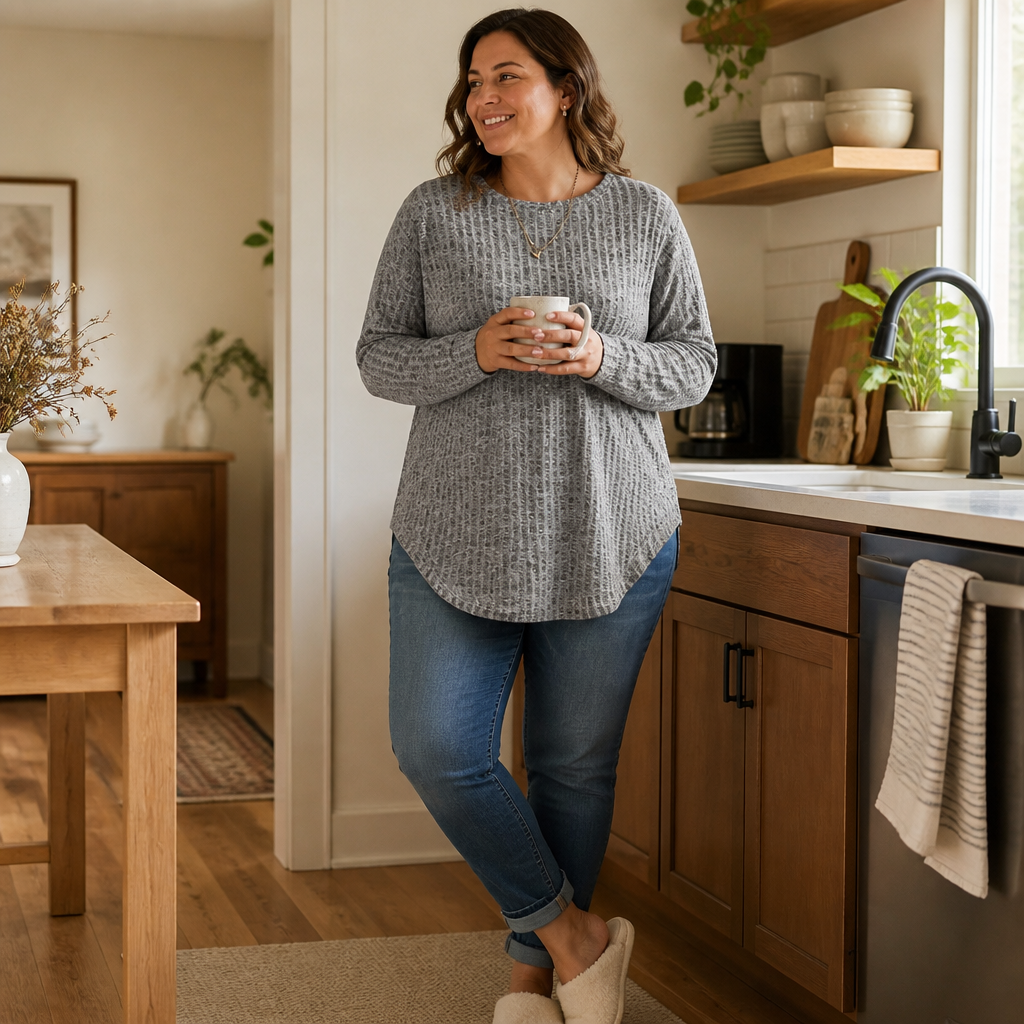 LunaRay™ – Relaxed Waffle-Knit Long Sleeve Top with Curved Hem