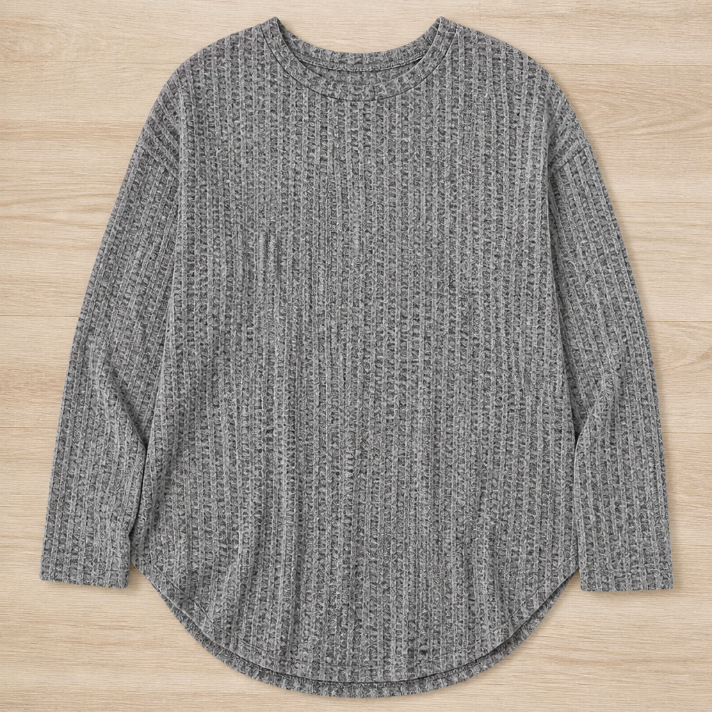 LunaRay™ – Relaxed Waffle-Knit Long Sleeve Top with Curved Hem