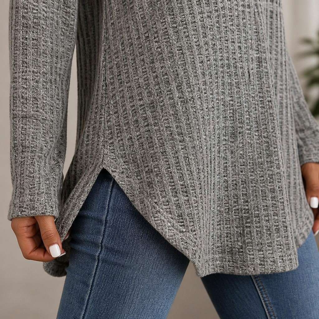 LunaRay™ – Relaxed Waffle-Knit Long Sleeve Top with Curved Hem