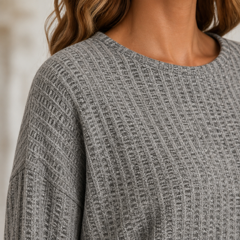 LunaRay™ – Relaxed Waffle-Knit Long Sleeve Top with Curved Hem