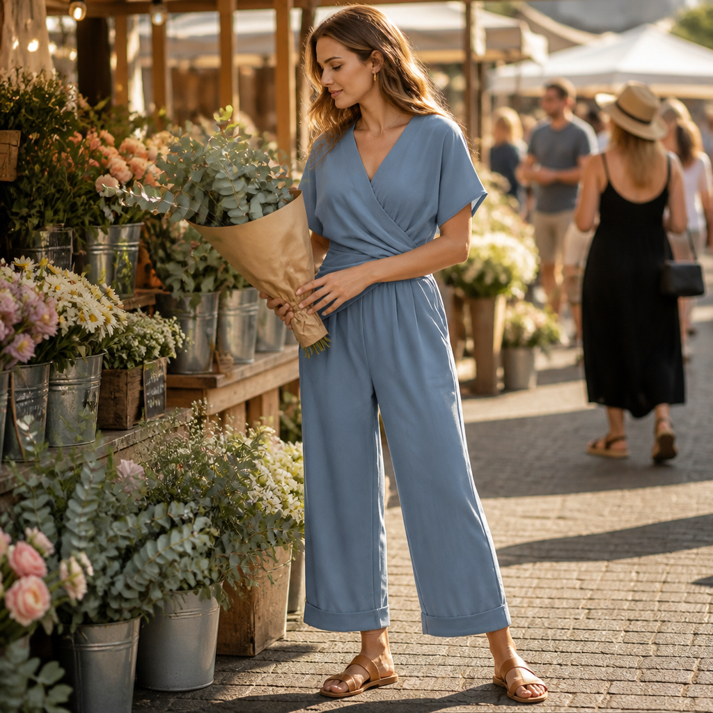 PureLuxe™ – Elegant Wrap-Waist Two-Piece Set with Wide-Leg Pants