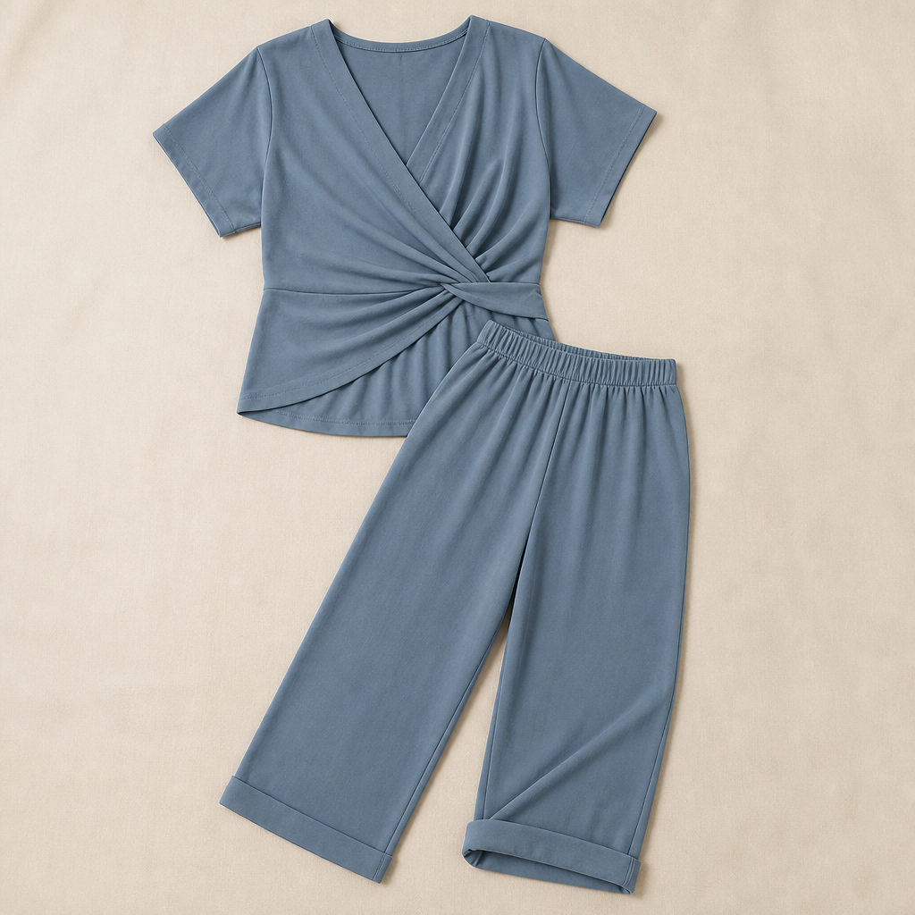 PureLuxe™ – Elegant Wrap-Waist Two-Piece Set with Wide-Leg Pants