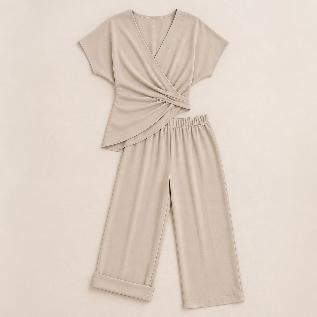 PureLuxe™ – Elegant Wrap-Waist Two-Piece Set with Wide-Leg Pants