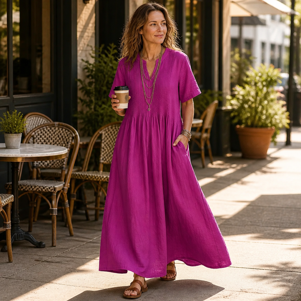 LioraBelle™ – Relaxed Pintuck Linen Maxi Dress with Pockets