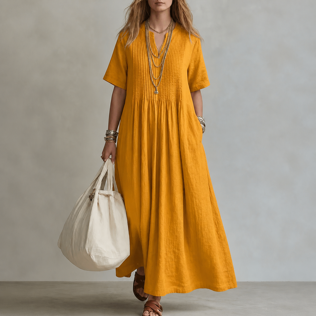 LioraBelle™ – Relaxed Pintuck Linen Maxi Dress with Pockets