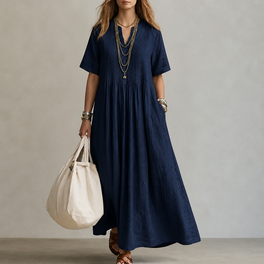 LioraBelle™ – Relaxed Pintuck Linen Maxi Dress with Pockets