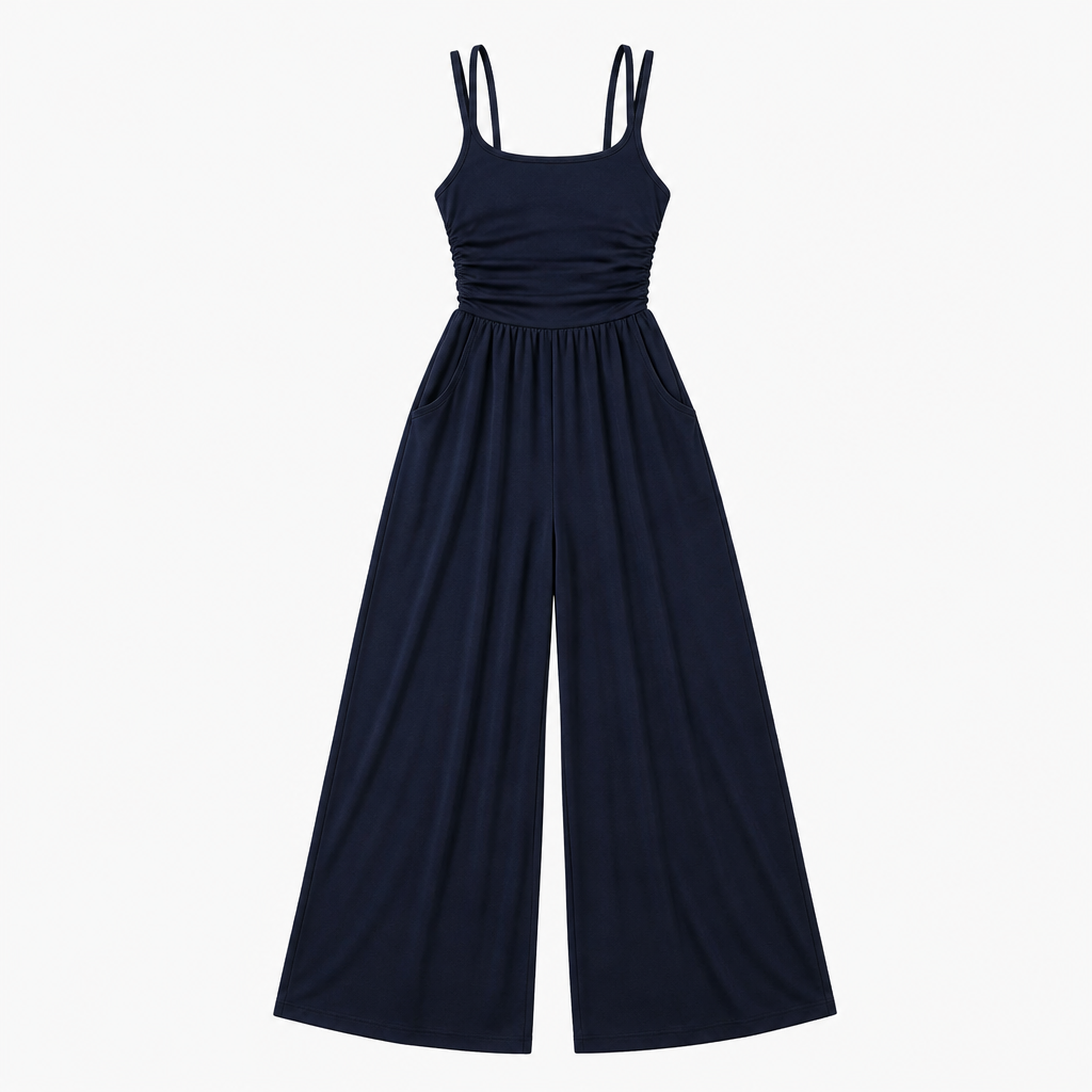 SolaraWave™ – Flowy Wide-Leg Summer Jumpsuit with Ruched Bodice