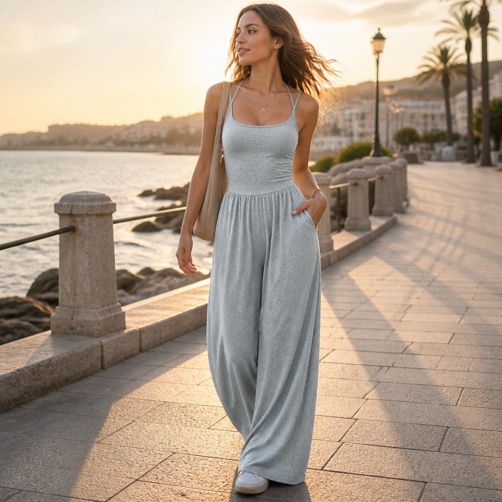 SolaraWave™ – Flowy Wide-Leg Summer Jumpsuit with Ruched Bodice