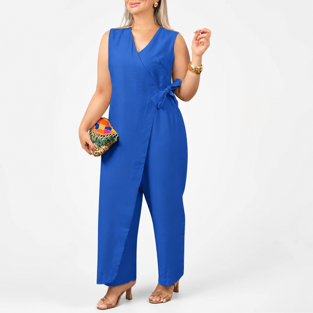 SereneSilhouette™ – Elegant Wrap-Front Sleeveless Jumpsuit with Side Tie