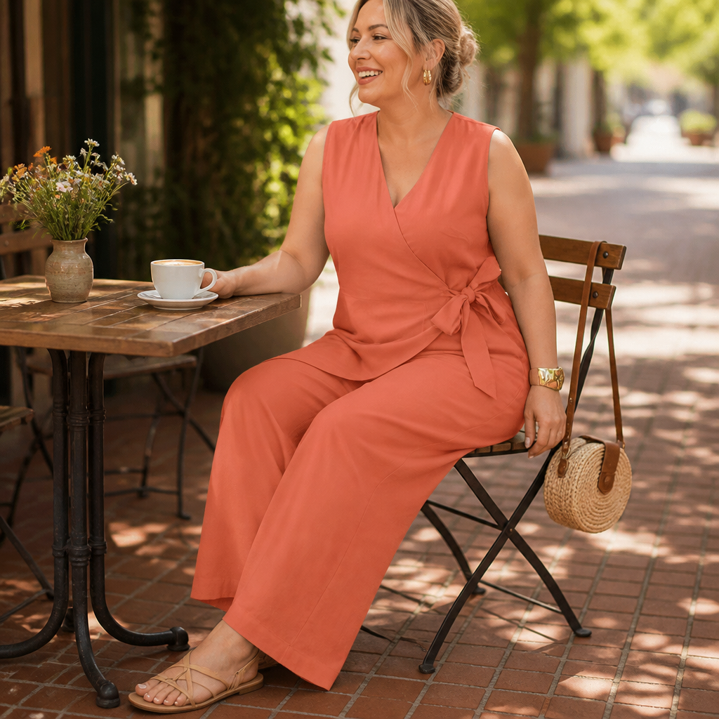 SereneSilhouette™ – Elegant Wrap-Front Sleeveless Jumpsuit with Side Tie