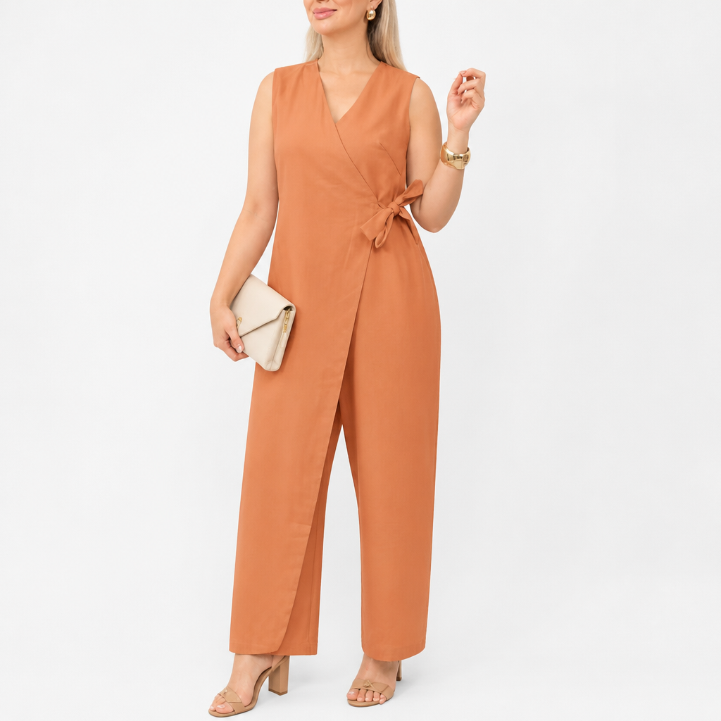SereneSilhouette™ – Elegant Wrap-Front Sleeveless Jumpsuit with Side Tie
