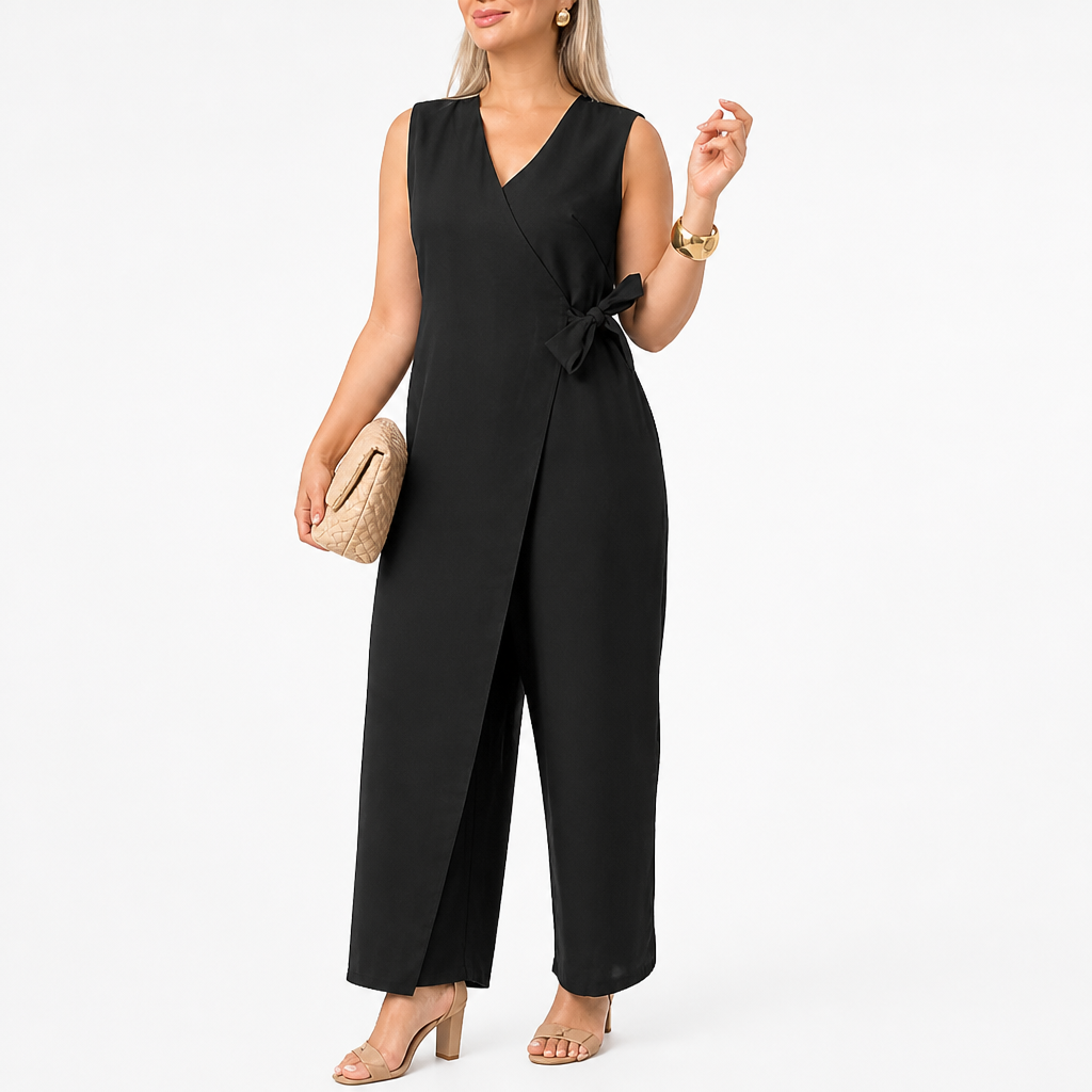 SereneSilhouette™ – Elegant Wrap-Front Sleeveless Jumpsuit with Side Tie