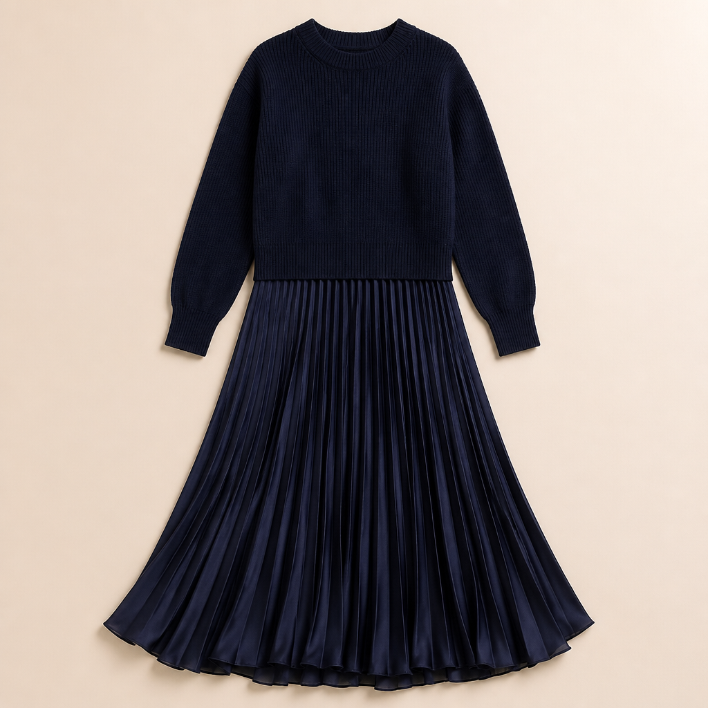 VelaLift™ – Elegant Pleated Maxi Skirt Set with Cropped Knit Top