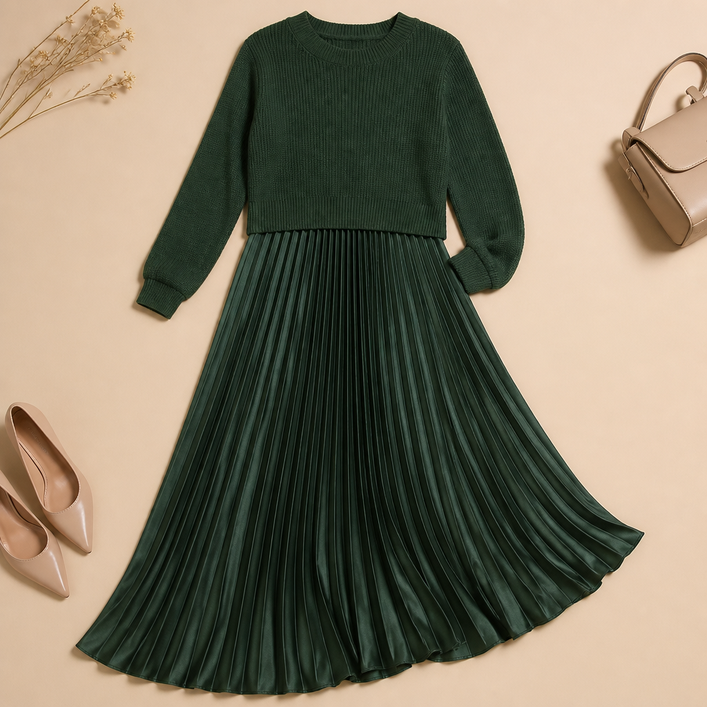 VelaLift™ – Elegant Pleated Maxi Skirt Set with Cropped Knit Top