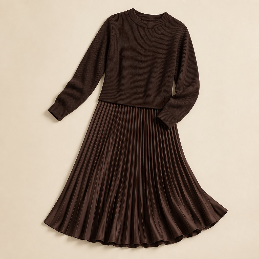 VelaLift™ – Elegant Pleated Maxi Skirt Set with Cropped Knit Top
