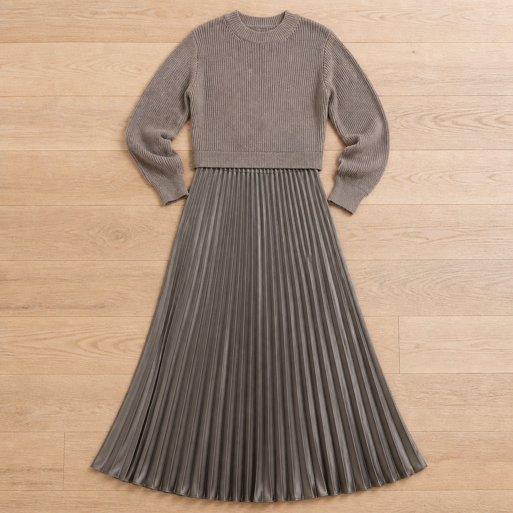 VelaLift™ – Elegant Pleated Maxi Skirt Set with Cropped Knit Top