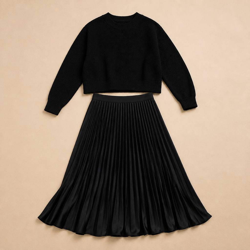 VelaLift™ – Elegant Pleated Maxi Skirt Set with Cropped Knit Top