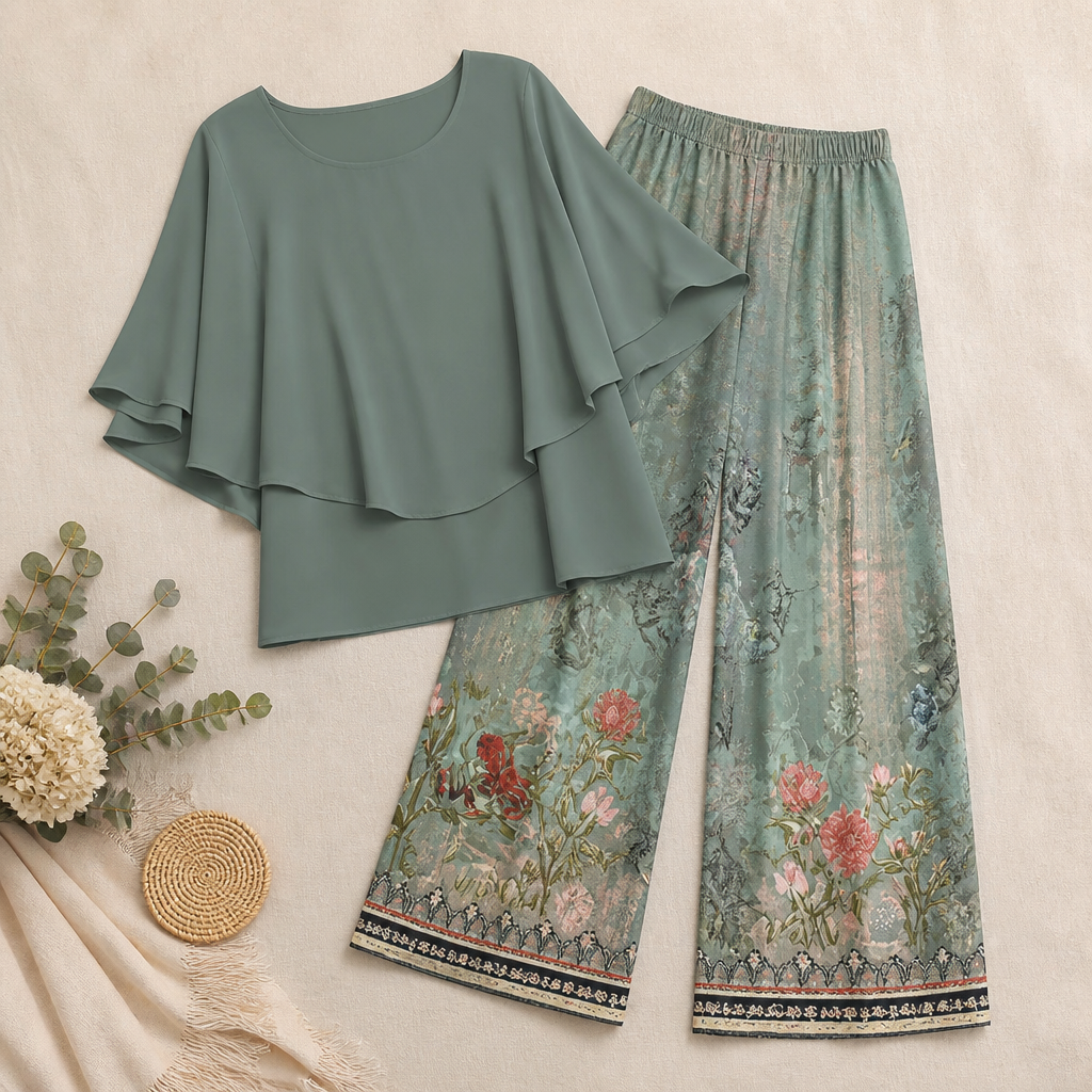 Flexara™ – Elegant Layered Chiffon Top and Wide-Leg Printed Pant Set