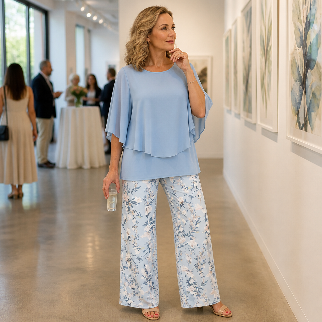 Flexara™ – Elegant Layered Chiffon Top and Wide-Leg Printed Pant Set