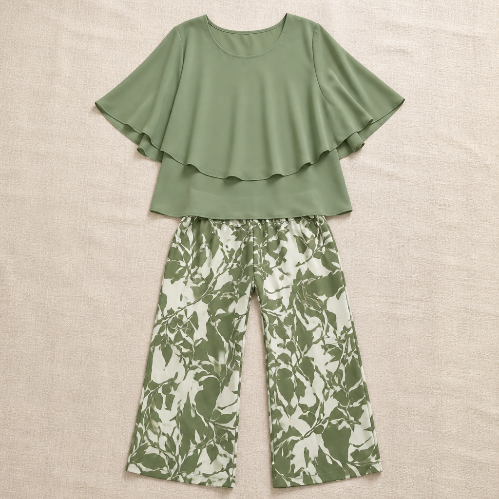 Flexara™ – Elegant Layered Chiffon Top and Wide-Leg Printed Pant Set