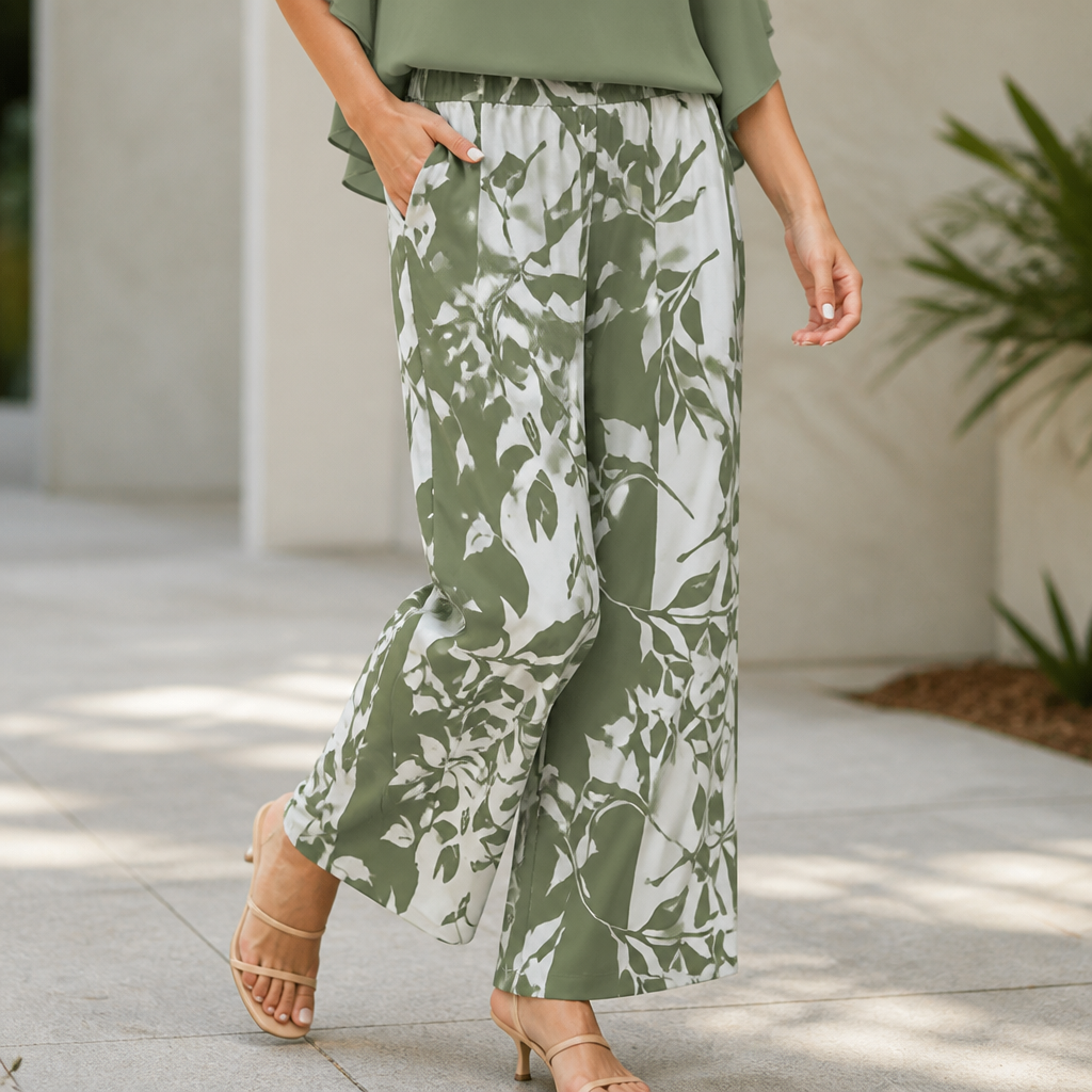 Flexara™ – Elegant Layered Chiffon Top and Wide-Leg Printed Pant Set