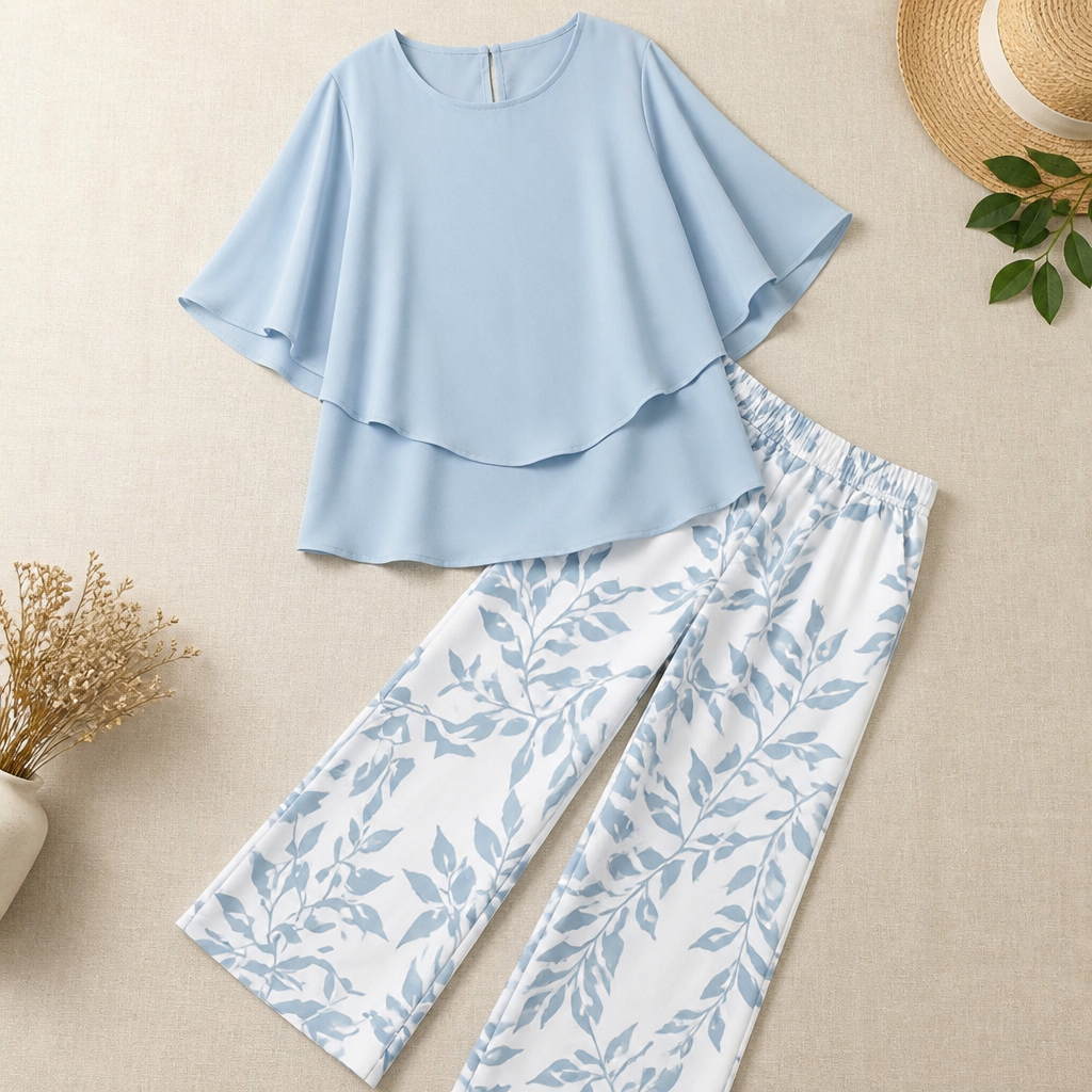 Flexara™ – Elegant Layered Chiffon Top and Wide-Leg Printed Pant Set