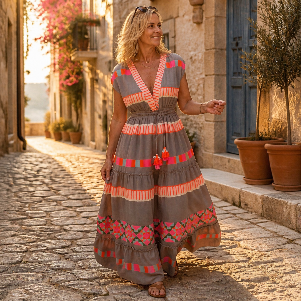 Solana™ – Bohemian Print V-Neck Tiered Maxi Dress with Tassel Tie