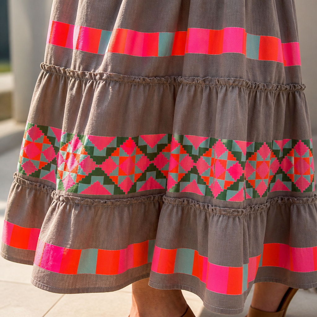 Solana™ – Bohemian Print V-Neck Tiered Maxi Dress with Tassel Tie
