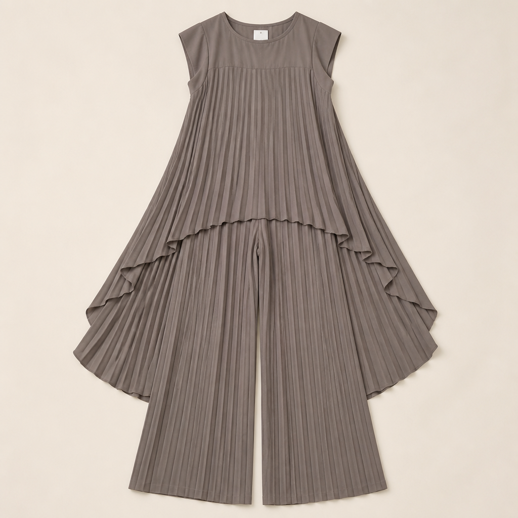 NovaLuma™ – Flowy Pleated Two-Piece Set with Asymmetric Hem