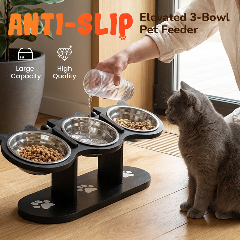 Ergonomic Pet Feeder Stand with 3 Stainless Steel Bowls