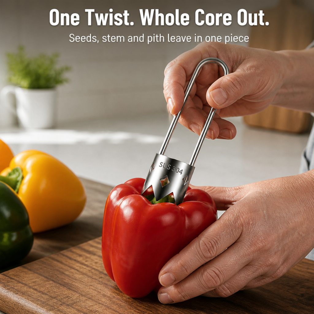 SteelCore™ — Core Peppers, Apples & Pears in One Twist, Zero Seed Mess