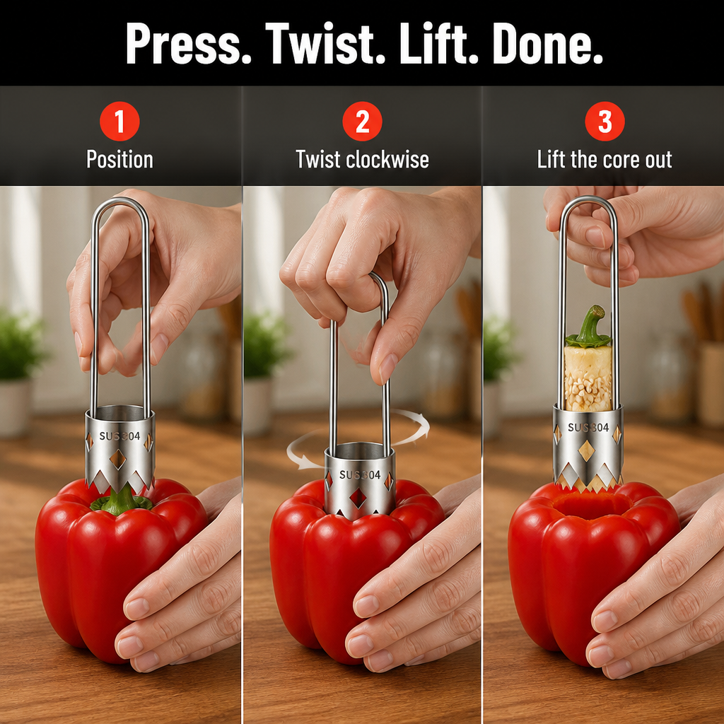 SteelCore™ — Core Peppers, Apples & Pears in One Twist, Zero Seed Mess