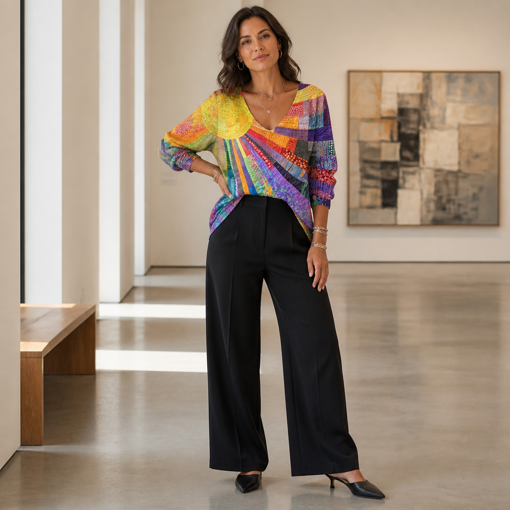 LuxeVera™ – Vibrant Sunburst Patchwork V-Neck Blouse