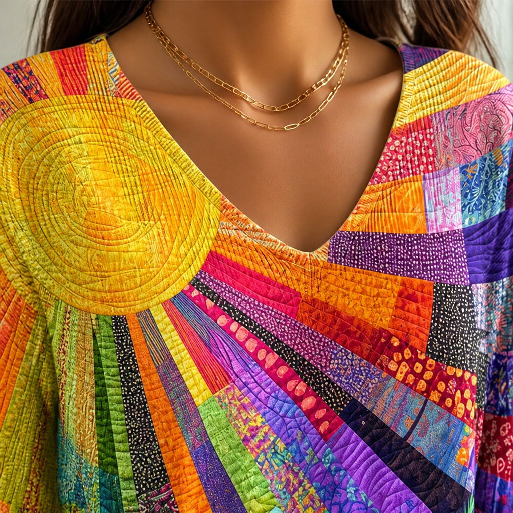 LuxeVera™ – Vibrant Sunburst Patchwork V-Neck Blouse