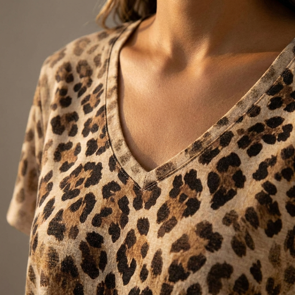 FierzaWear™ – Relaxed Leopard Print V-Neck Tee with Cutout Detail