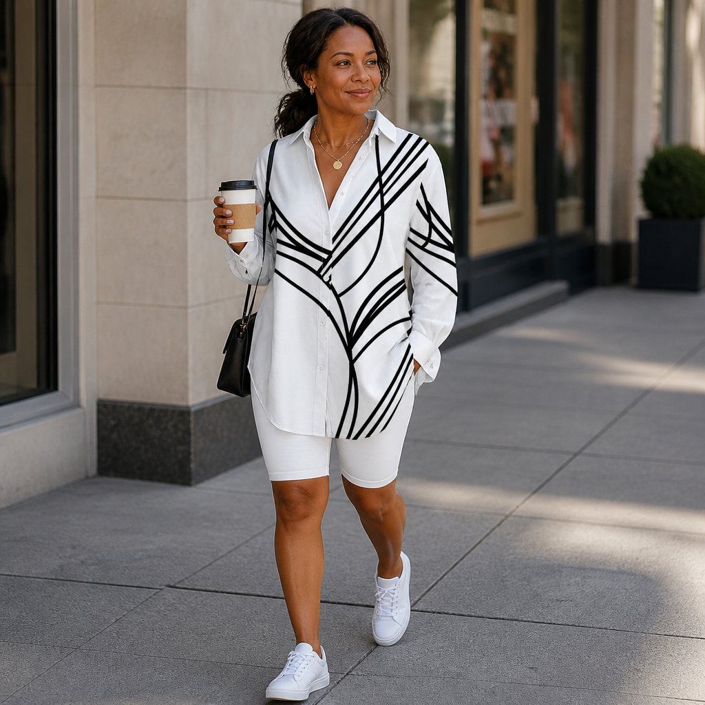 LumaLuxe™ – Relaxed Linework Print Button-Down Shirt with Pockets