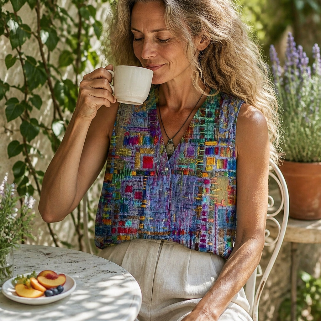 ViviaHue™ – Artistic Patchwork Sleeveless V-Neck Button Blouse