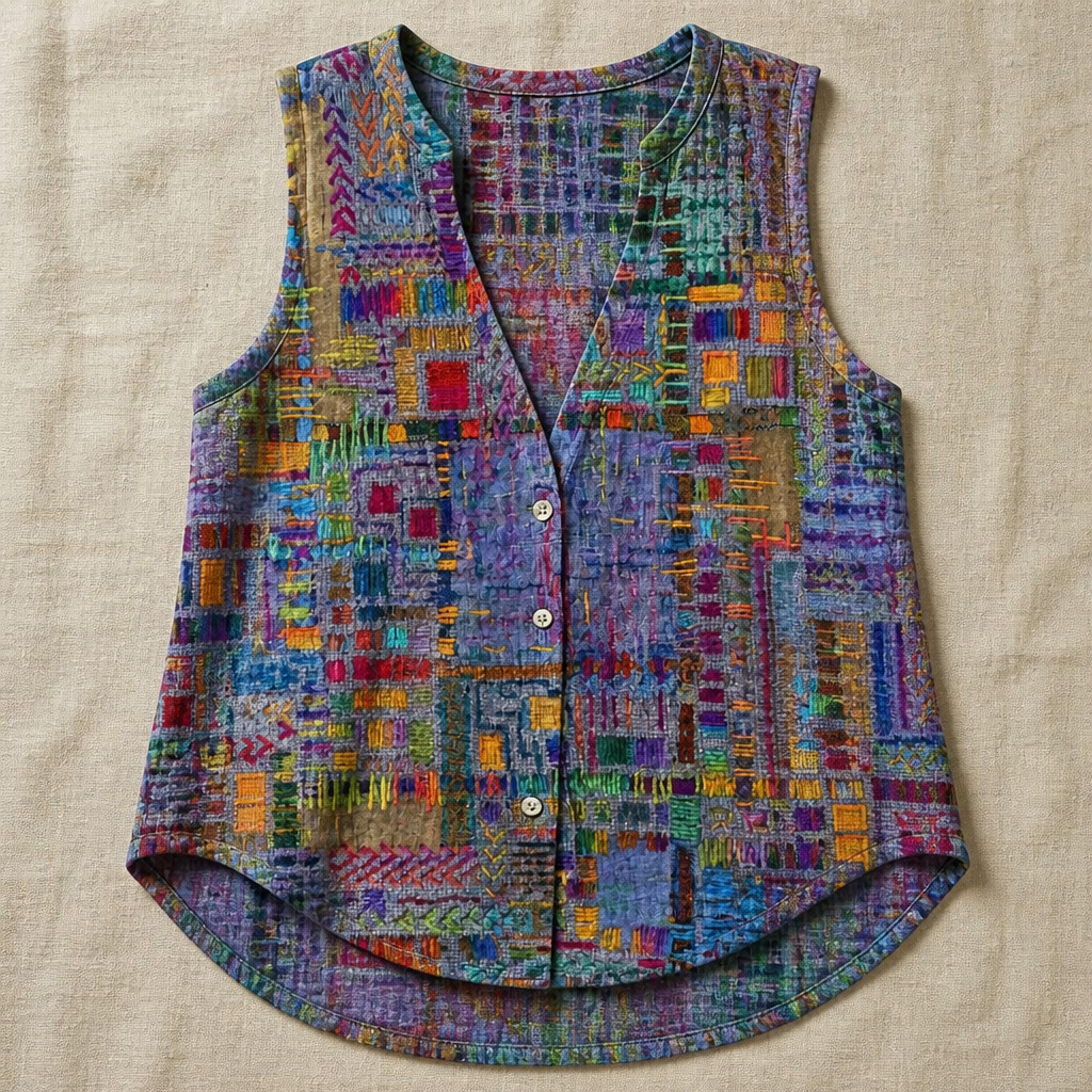 ViviaHue™ – Artistic Patchwork Sleeveless V-Neck Button Blouse