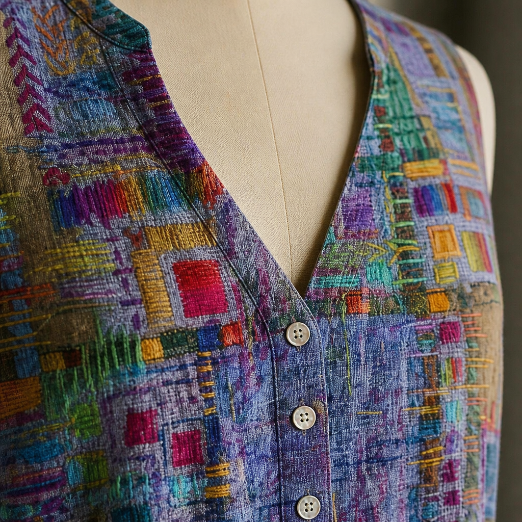 ViviaHue™ – Artistic Patchwork Sleeveless V-Neck Button Blouse