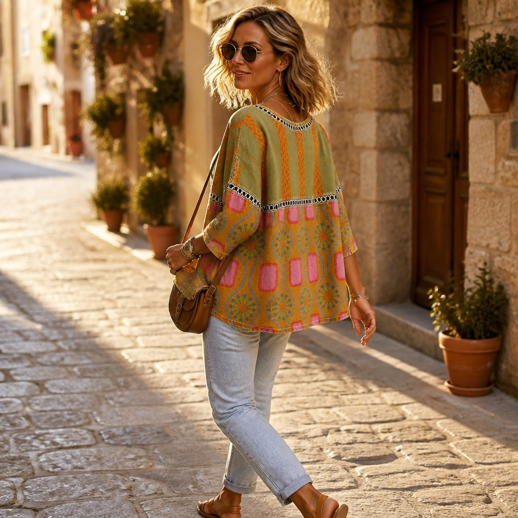 VivaLuxe™ – Bohemian Mixed-Print Relaxed Top with Three-Quarter Sleeves
