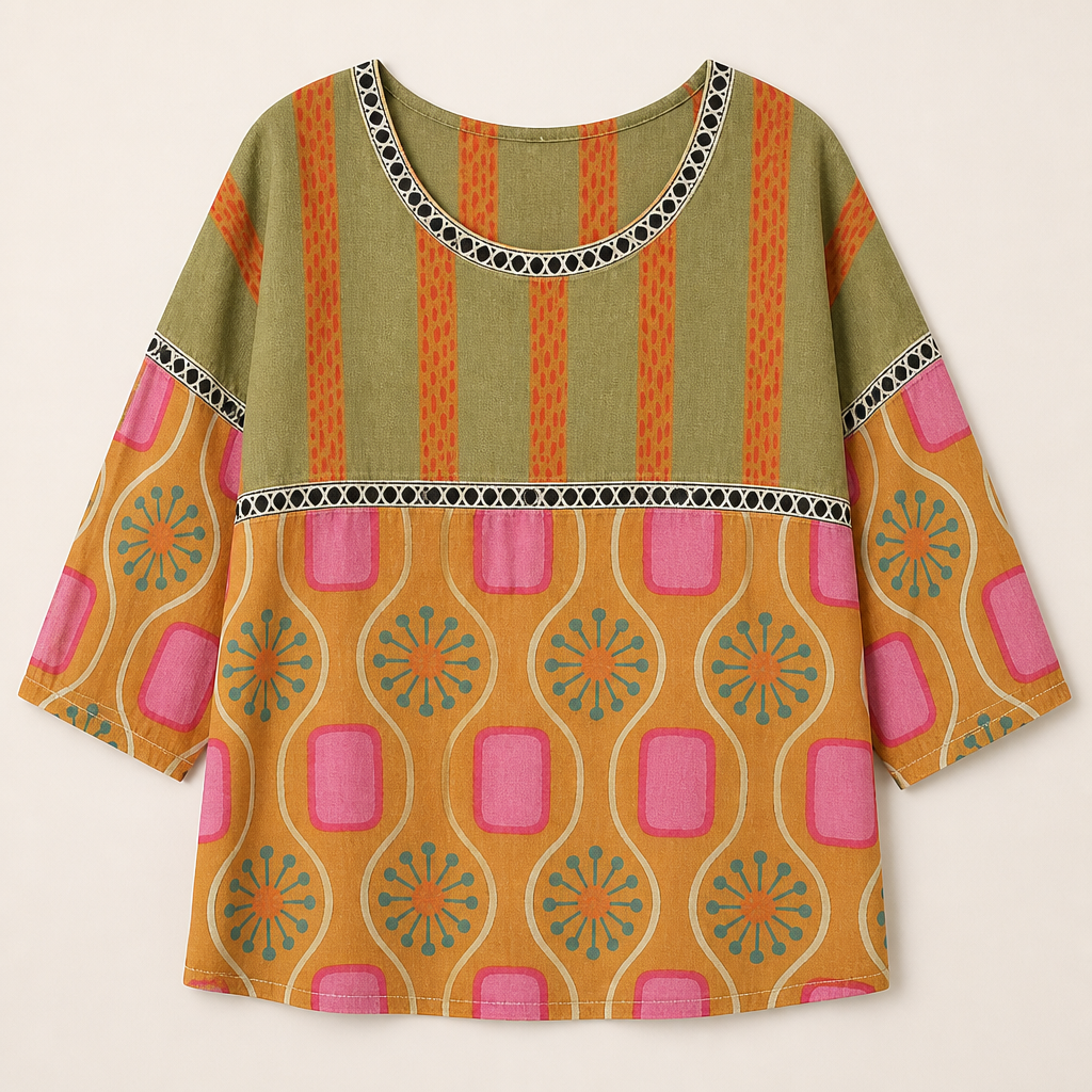 VivaLuxe™ – Bohemian Mixed-Print Relaxed Top with Three-Quarter Sleeves