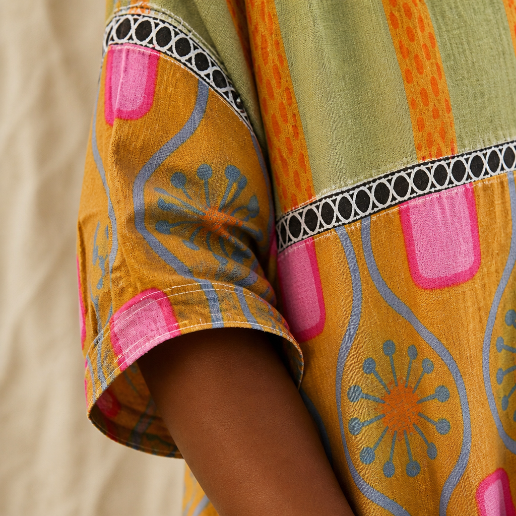 VivaLuxe™ – Bohemian Mixed-Print Relaxed Top with Three-Quarter Sleeves
