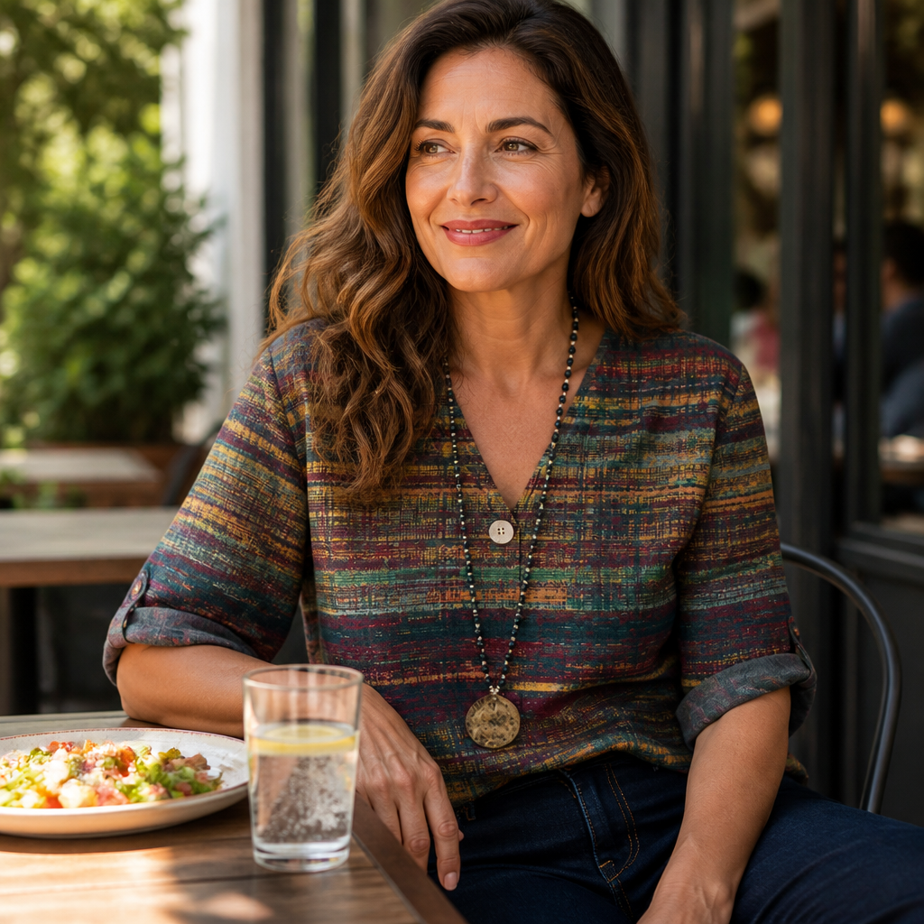 LuminaBelle™ – Vintage Print V-Neck Blouse with Rolled Cuff Sleeves