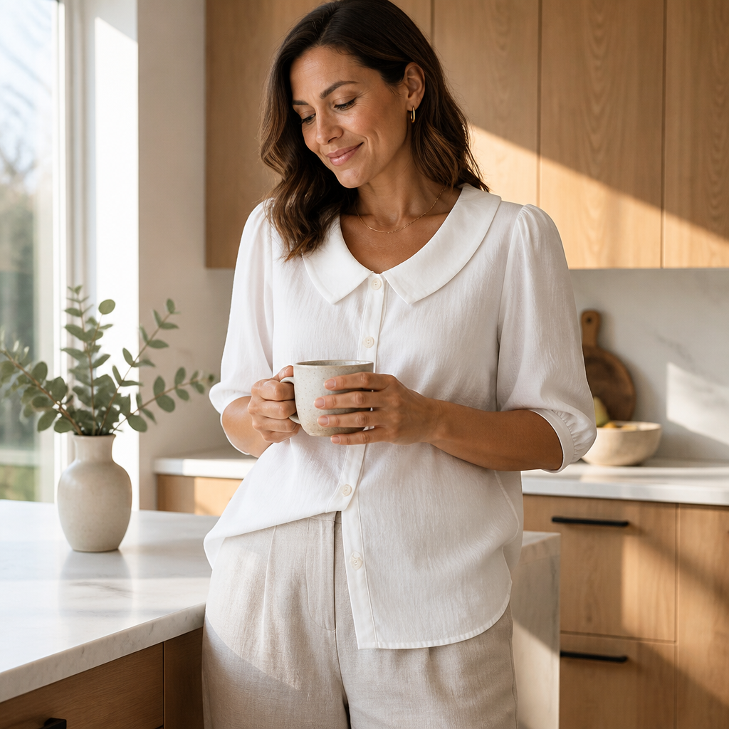 LuminaLuxe™ – Soft Peter Pan Collar Half-Sleeve Blouse