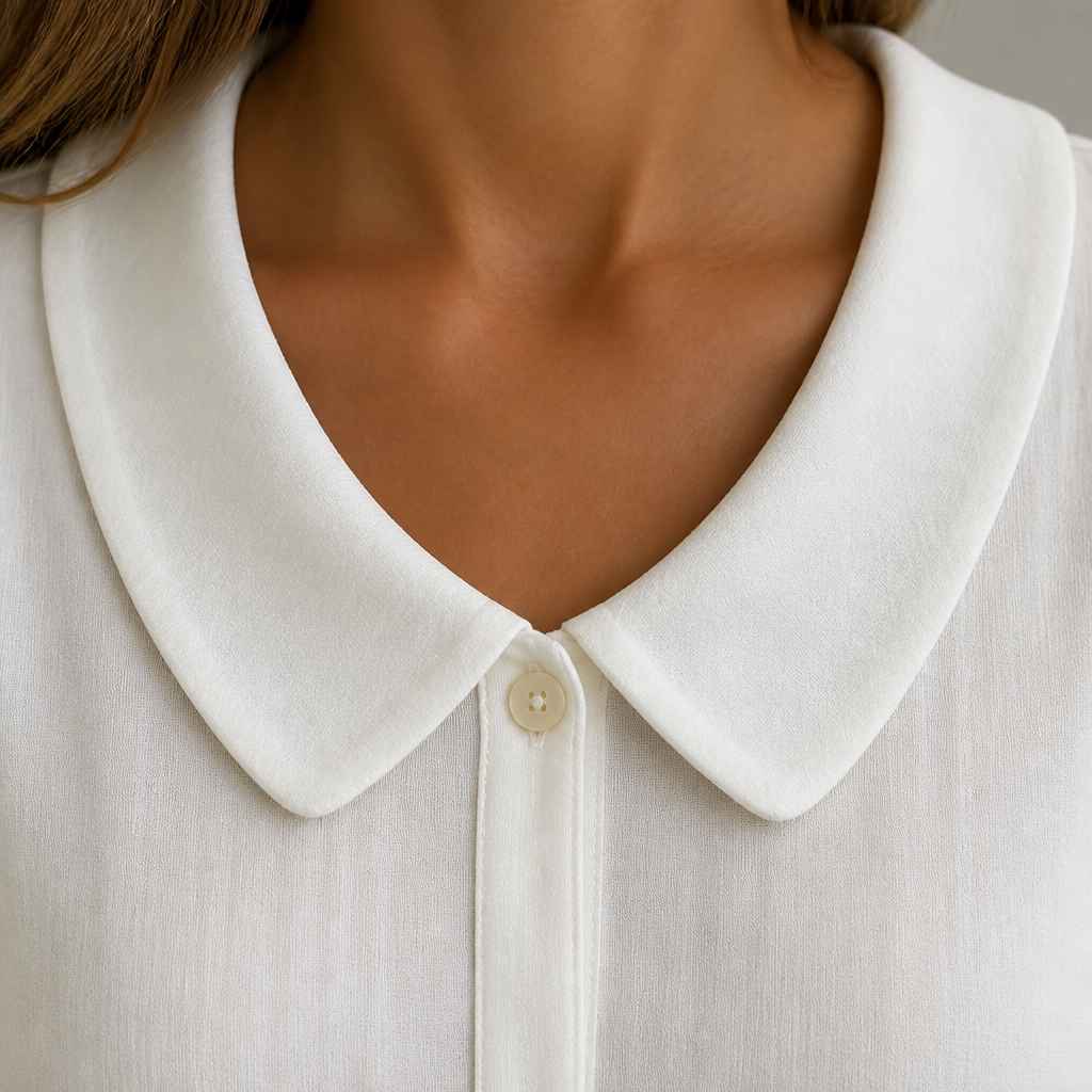 LuminaLuxe™ – Soft Peter Pan Collar Half-Sleeve Blouse