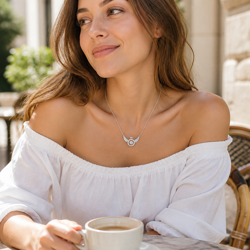 RadiantRise™ – Dainty Angel Wing Necklace with Floating Sparkle Stone