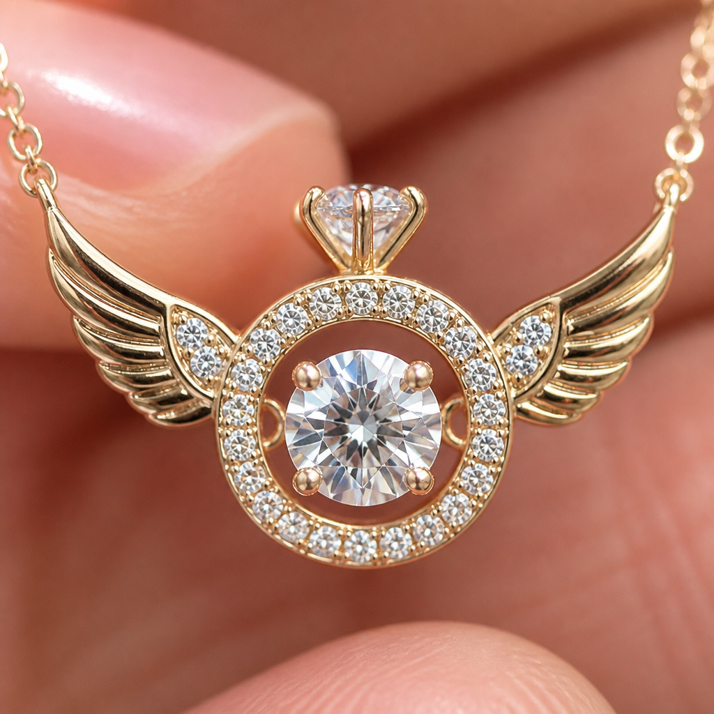 RadiantRise™ – Dainty Angel Wing Necklace with Floating Sparkle Stone